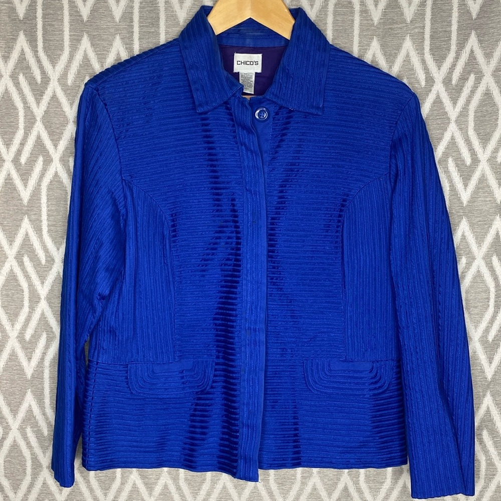 Chico’s Textured Military Style Jacket Button Front Stretch Cobalt Blue Size: 1